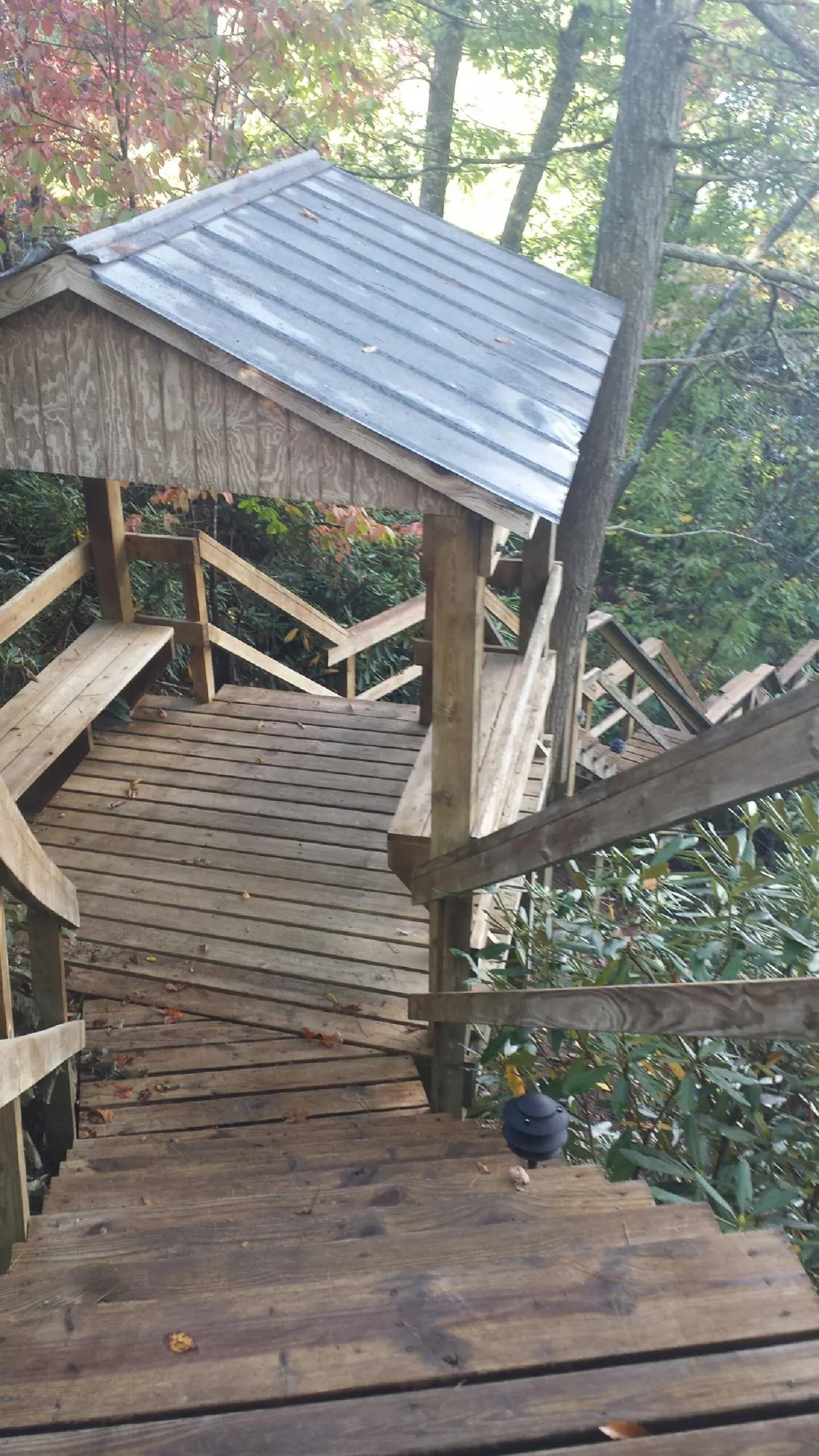 Metal roofed shelter over wooden steps on a wooded walkway — Skylight Repair & Installation work by our crew in Hood River